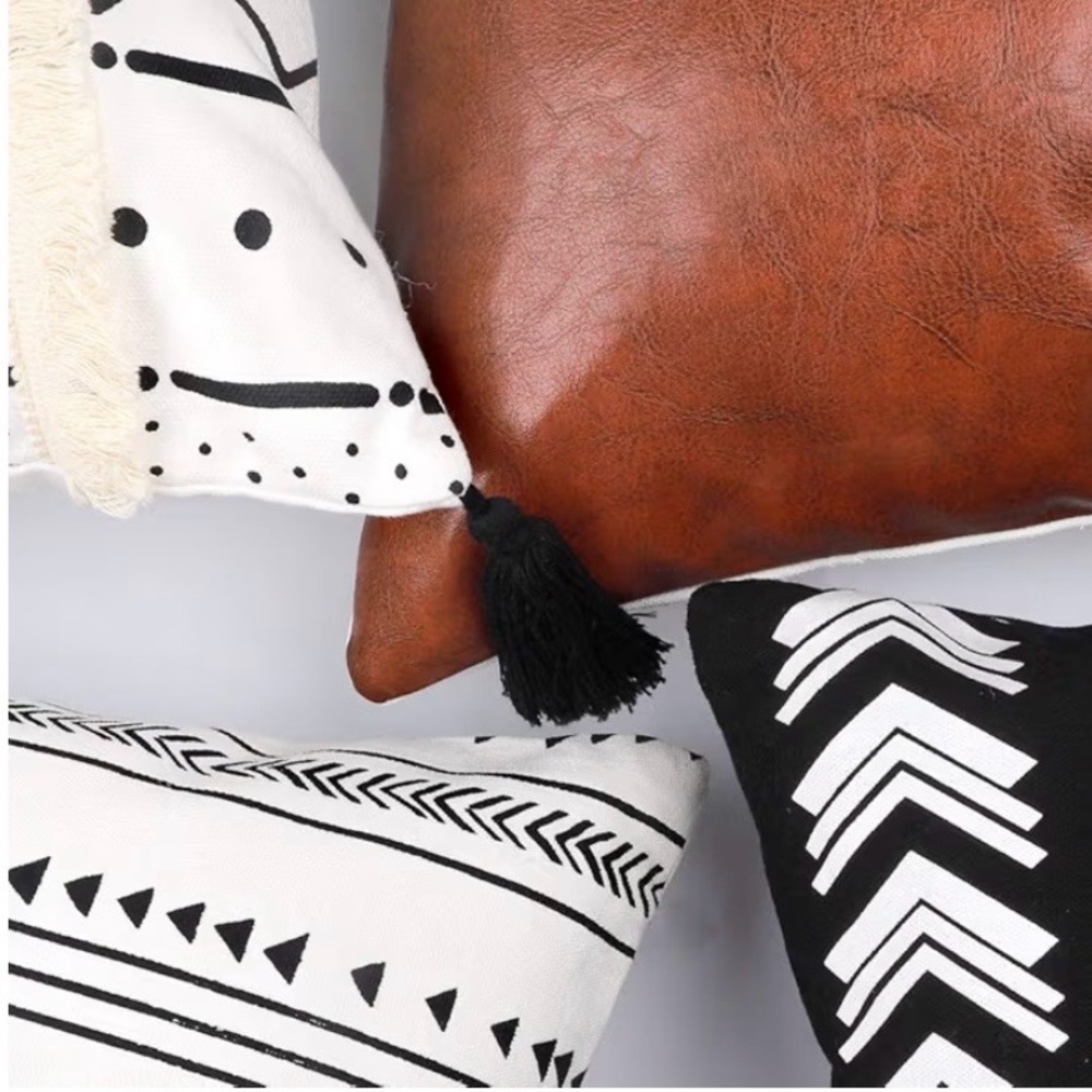 CDWERD Boho 18x18” Pillow Covers Set of 4 Faux Leather, linen, Fringe Tassels - Picture 7 of 16